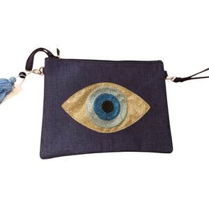 Joy Star Womens Cotton Clutch Crossbody Evil Eye Greek Bag Zip Around Blue NEW